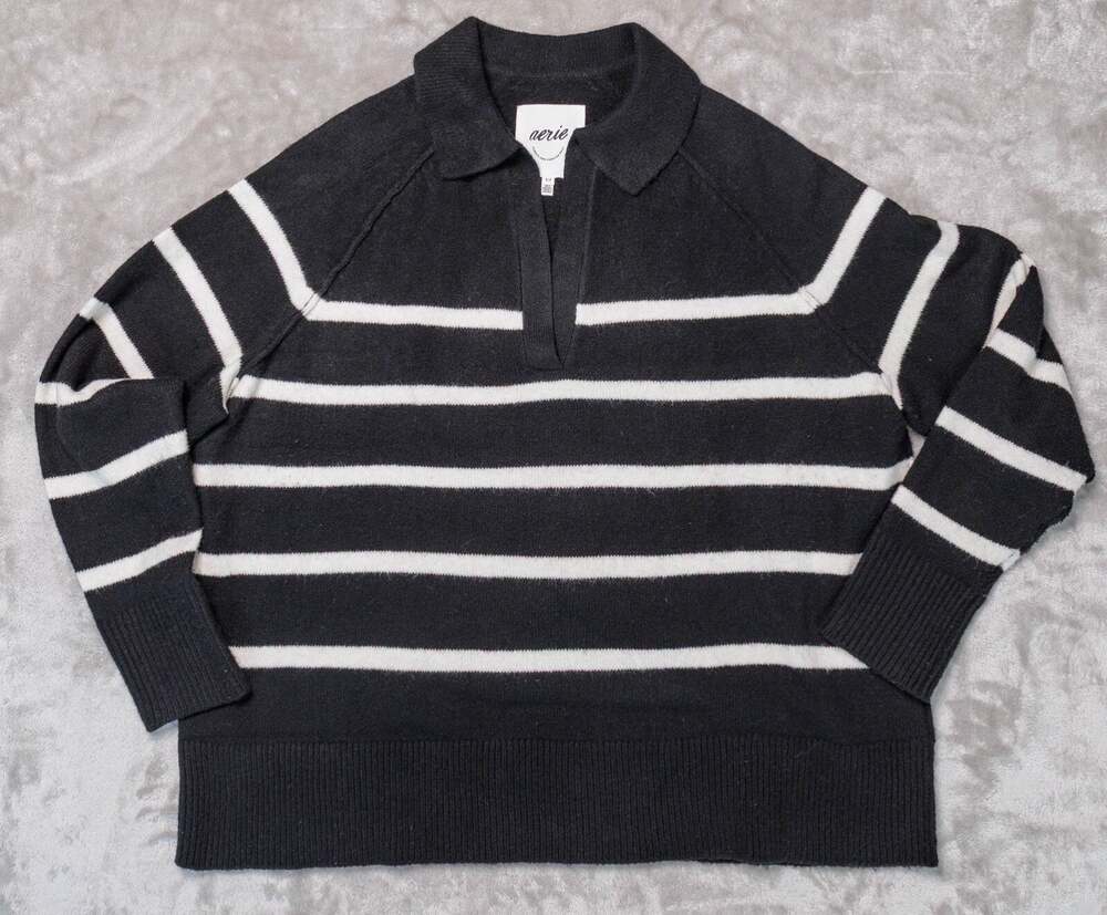 Aerie UnREAL Black White Striped Oversized Polo Sweater Womens Size S